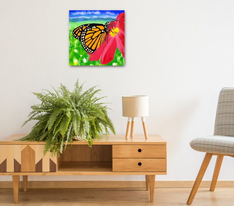 Monarch on cosmos shown on wall at approx 20x20 inchs