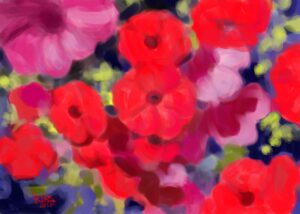 preview: "Petunias Hanging" digital painting by peter dustrud