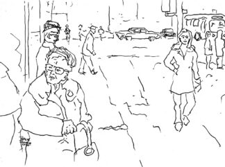 card image: "Bus Stop" ink drawing by peter dustrud scrapingsky.com