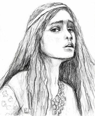 my graphite face detail after 1888 painting, "Lady of Shalott" by JW Waterhouse - pencil sketch by peter dustrud scrapingsky.com